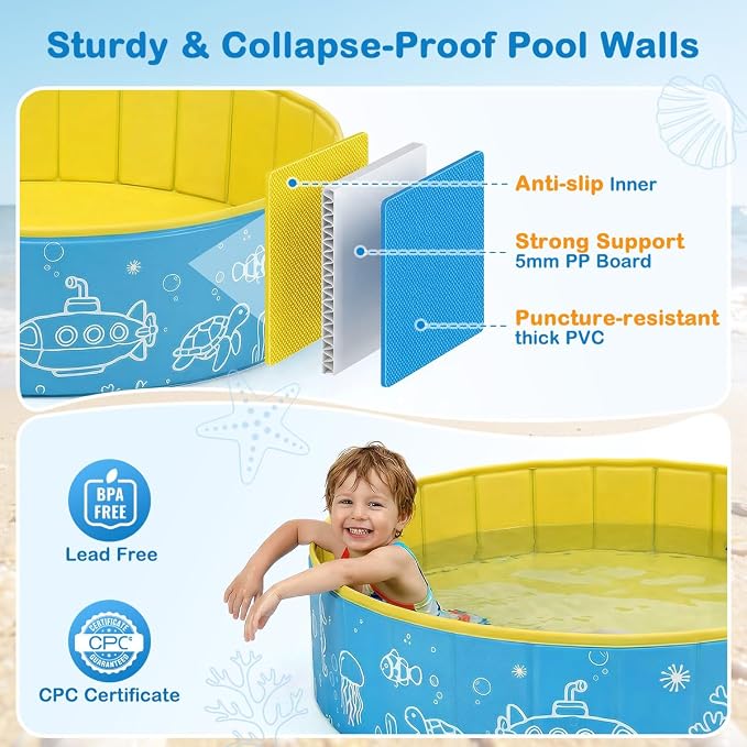 Foldable Kiddie Pool with Canopy, 47IN Portable Hard Plastic Kids Baby Swimming Pool, Sunshade & Non-Slip Beach Tent for Kids Ages 2-6, Outdoor Backyard Graden Water Play