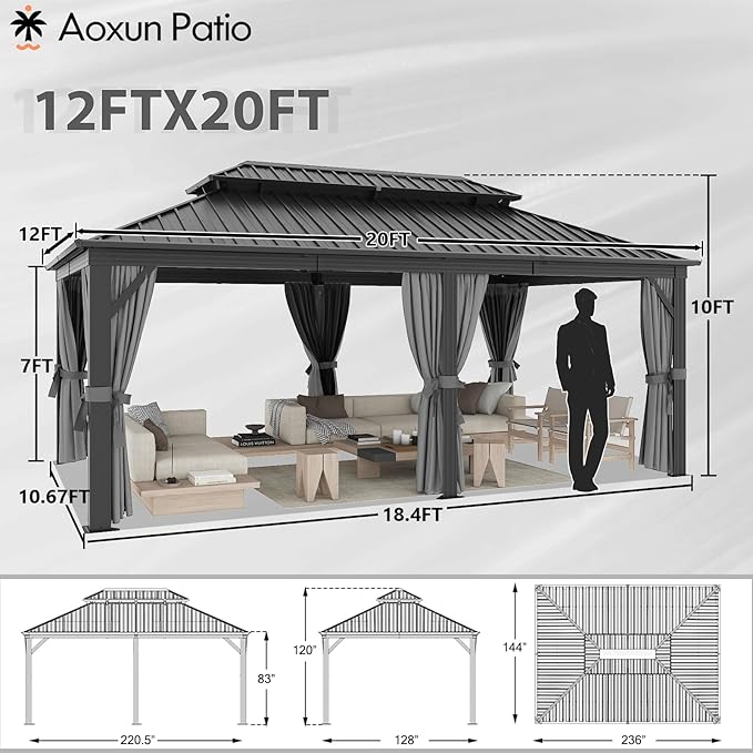 Aoxun 20Ft X 12Ft Hardtop Gazebo, Aluminum Metal Outdoor Gazebo with Breathable Netting and Curtains, Galvanized Steel Double Top, Permanent Patio Pavilion for Backyard, Wedding, Party