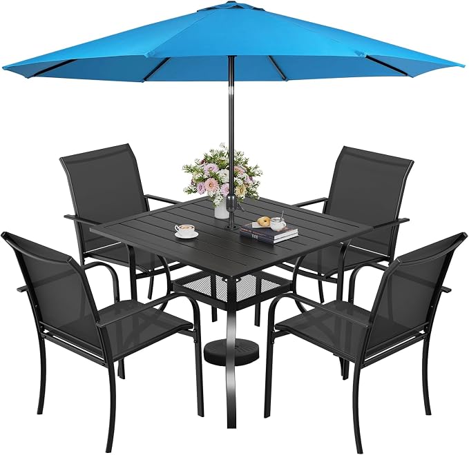 SUNCROWN 6 - Piece Outdoor Dining Set, Patio Furniture Set with 4 Textilene Dinning Chairs, 1 Steel Slat Metal Bistro Table and 1 Sky Blue 9Ft Patio Umbrella for Lawn Garden Backyard Deck, Black