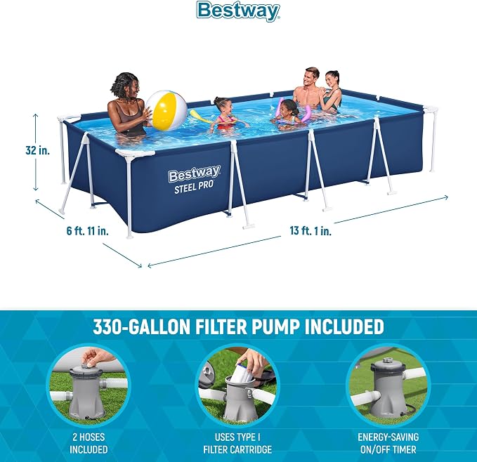 Bestway Steel Pro 13 Foot x 32 Inch Rectangular Above Ground Outdoor Pool Steel Framed Vinyl Swimming Pool with 1,506 Gallon Water Capacity, Blue