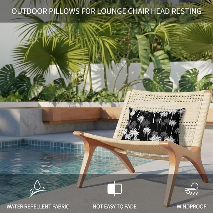Tropical Palm Tree Outdoor Pillows for Chaise Lounge Chair Waterproof Lumbar Pillows with Insert&Adjustable Strap Beach Headrest Pillow Black White Plants Coastal Leaf Beach Pool Pillow 11"x16"