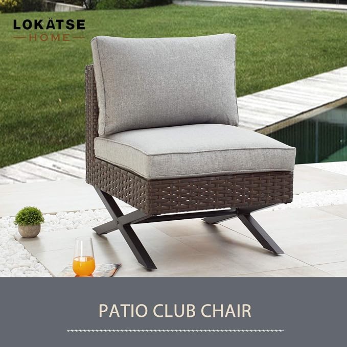 LOKATSE HOME Patio Sofa Rattan Armless Chair X Shape Leg Metal Frame Outdoor Wicker Furniture with Cushions for Garden Backyard Pool, Brown