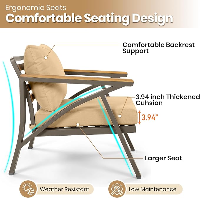 6-Piece Outdoor Patio Furniture Set,Steel Frame Sofa Set with 3-Seat Couch, 2 Armchairs,2 Ottomans & Acacia Wood Coffee Table, Cushioned Seating for Backyard, Garden,Poolside (Brown#56)
