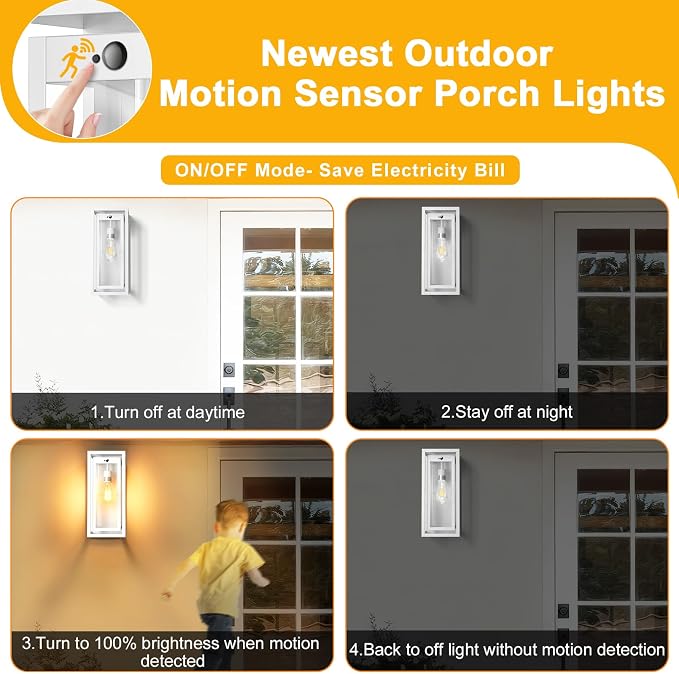15" Motion Sensor Outdoor Lights, 2 Pack Large White Outdoor Light Fixture, 3 Lighting Modes Waterproof Anti-Rust Wall Sconces, Exterior Lighting Fixtures for Front Door, Porch, Garage