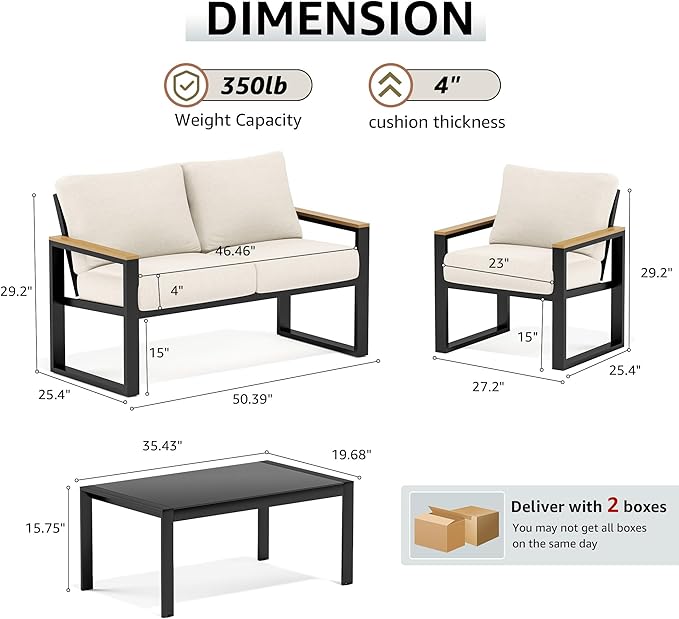 NATURAL EXPRESSIONS 4 Pieces Patio Furniture Sets,Metal Outdoor Patio Furniture Sets,Outdoor Sectional Patio Conversation Set,Wooden Anti-Scald Armrest,Sling Mesh,4" Olefin Cushions
