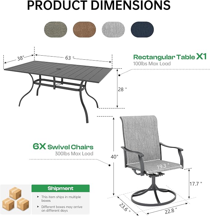 7-Piece Outdoor Dining Set with Umbrella Hole,Patio Swivel Chairs Set and 63"x 38"x 28" Outdoor Patio Table for 6,Modern Garden Dining Set for Poolside Seaside Backyard