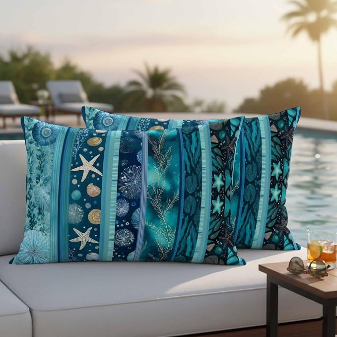 Turquoise Ocean Outdoor Waterproof Throw Pillow Covers Set of 2, 20"x12", Blue Stripes Starfish Coral Seaweed Luxury Decorative Pillow Covers Outside Cushion Case for Patio Porch Garden