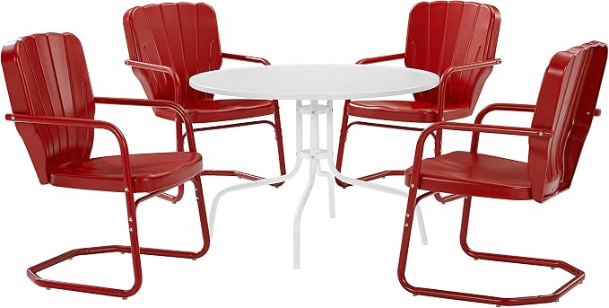 Crosley Furniture Ridgeland 5-Piece Outdoor Dining Set for 4, Retro Metal Round Patio Table and Chairs, Bright Red Gloss