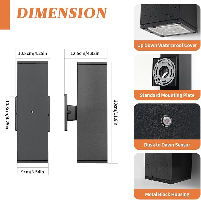 Dusk to Dawn Outdoor Lighting, LED Square Up and Down Outdoor Sconce Lights, Matte Black Exterior Lighting Fixtures with 7W LED Bulbs, Front Porch Lights for house, Garage, Patio, Doorway, 4 Pack