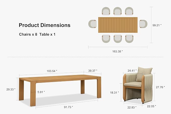 PURPLE LEAF Outdoor Dining Set for 8 with Blended Olefin Cushion Aluminum Luxury Patio Furniture Table and Chairs Set All Weather Wicker Patio Dining Sets for Backyard Garden Deck Pool, Teak