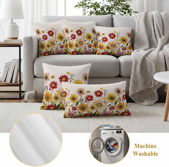 Yellow Red Spring Floral Outdoor Waterproof Throw Pillow Covers 20x12 Set of 2, Pastoral Summer Flower Rustic Decorative Pillowcases Cushion Pillowcase for Couch Sofa Patio Outside Pillow Protector