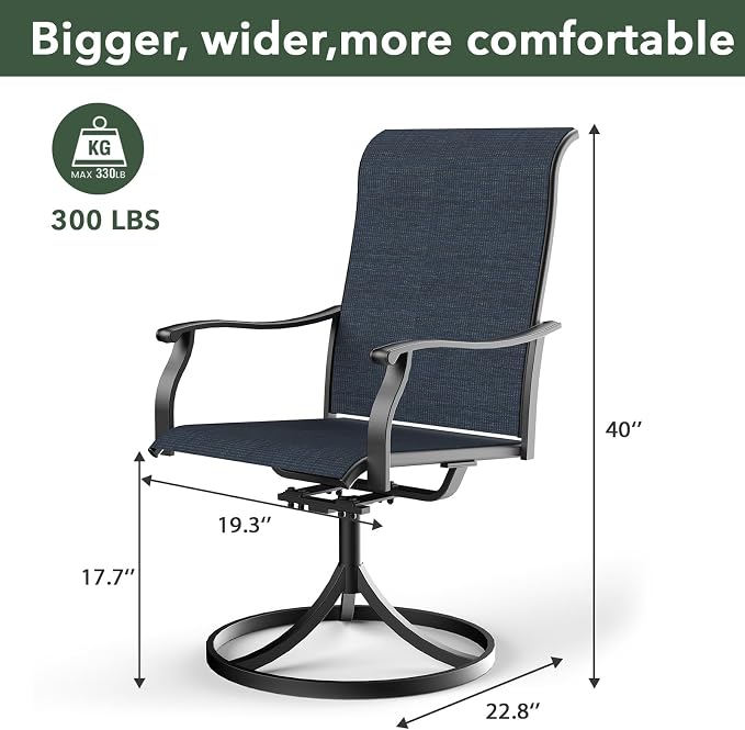 Anmutig Small Outdoor Patio Dining Set, 27.5 Inch Brown Top Round Table with 2 Navy Blue Textilene Swivel Rocker Chairs - Retro Armrest Style1