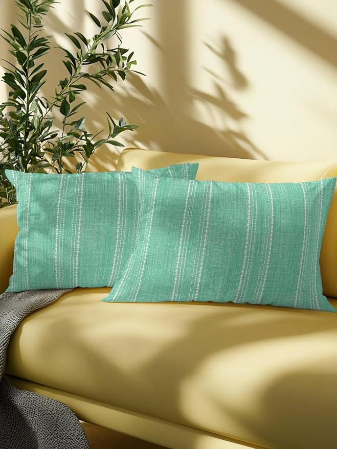 Waterproof Outdoor Pillow Set of 2 Mint Green Linen Stripes Decorative Throw Pillows Cover & Insert 20x12 Inch Lumbar Pillowcase Parallel Vertical Lines Pillows for Couch Sofa Bed Patio Furniture