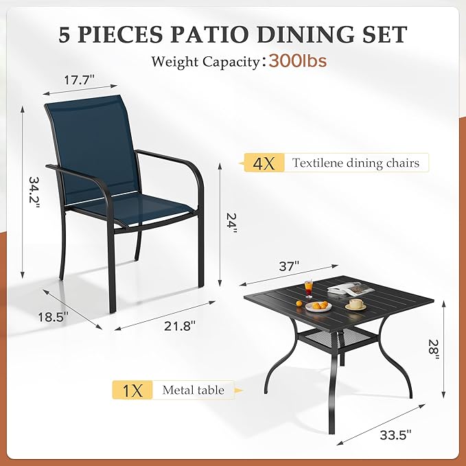 Incbruce 5 Pieces Patio Dining Set, Outdoor Dining Set of 4 Textilene Chairs and Square Table with Umbrella Hole for Backyard, Garden, and Poolside (Blue)