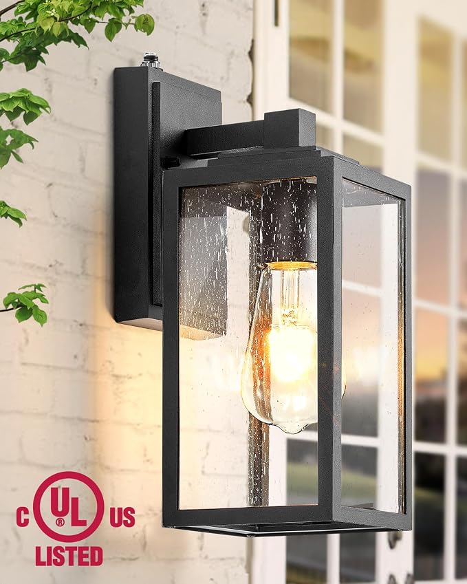 VIANIS 2 Pack Dusk to Dawn Sensor Outdoor Wall Lighting, Black Exterior Light Fixture Wall Mount for House, Anti-Rust Modern Outside Sconce Lantern with Tempered Seeded Glass for Front Porch, Garage