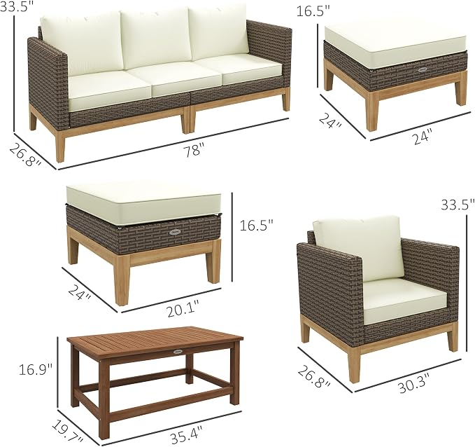 Outsunny Wooden Patio Furniture Set with Thick Padded Cushions, 5-Piece PE Rattan Sectional Sofa with Acacia Wood Top Coffee Table, Outdoor Conversation Set, Cream White