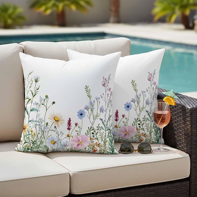 Farms Wildflowers Outdoor Waterproof Throw Pillow Covers Set of 2, 26"x26", Herbs Countryside Watercolor Floral Leaf Decorative Pillow Covers Outside Cushion Case for Patio Porch Garden