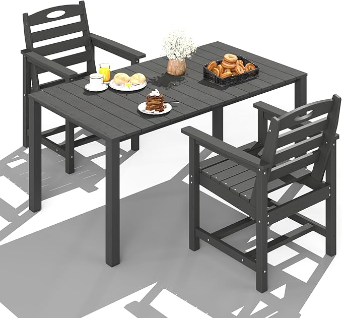 Domi HDPE Outdoor Dining Set, All-Weather 3 Piece Outdoor Dining Table Set with 2" Umbrella Hole, Outdoor Patio Dining Set for Garden, Poolside, Backyard, Deck, Grey