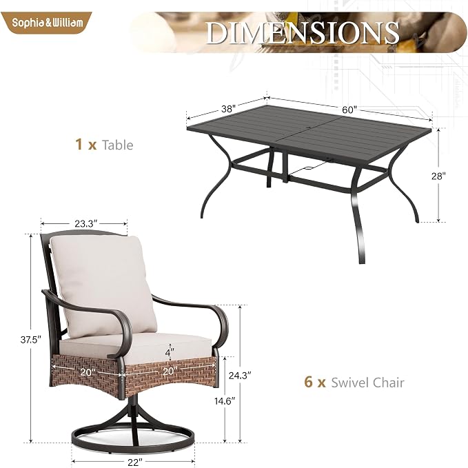 Sophia & William Outdoor Table and Chairs 7 Piece Heavy-Duty Patio Dining Set with 6 Padded Patio Swivel Dining Chairs and 1 Rectangular Metal Table with 1.57" Umbrella Hole for Garden Deck
