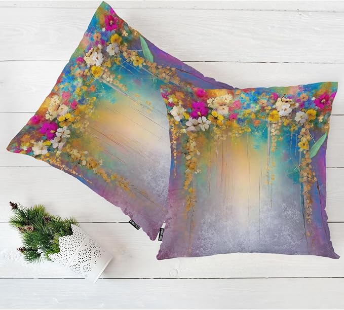 Swono Set of 2 Decorative Throw Pillow Covers Ivy Flowers, Abstract Blossom Floral Farmhouse Pillowcases Accent Pillow Cushion Cover for Couch Sofa Bed Office Armchair 18 X 18 Inch, Rainbow Purple