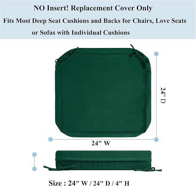 FUNHOME 2 Pack Outdoor Cushion Covers 24" x 24" x 4", No Insert! Water-Resistant Patio Chair Seat Cushion Covers with Zipper and Tie, Replacement Cover Only(Green)