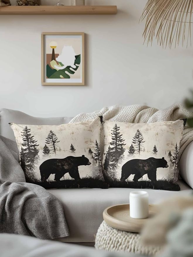 Outdoor Waterproof Throw Pillows Forest Brown Bear Silhouette Patio Pillows,Decorative Pillow Covers with Insert,Pillow Cushion Case for Garden Couch Sofa Minimalist Modern Art