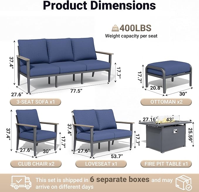 Aluminum Outdoor Patio Furniture Set, 7-Piece Sectional Sofa with 5.1" Thick Cushions, Ottomans, 55,000 BTU Propane Fire Pit Table, Outdoor Couch for Backyard, Deck, Navy Blue