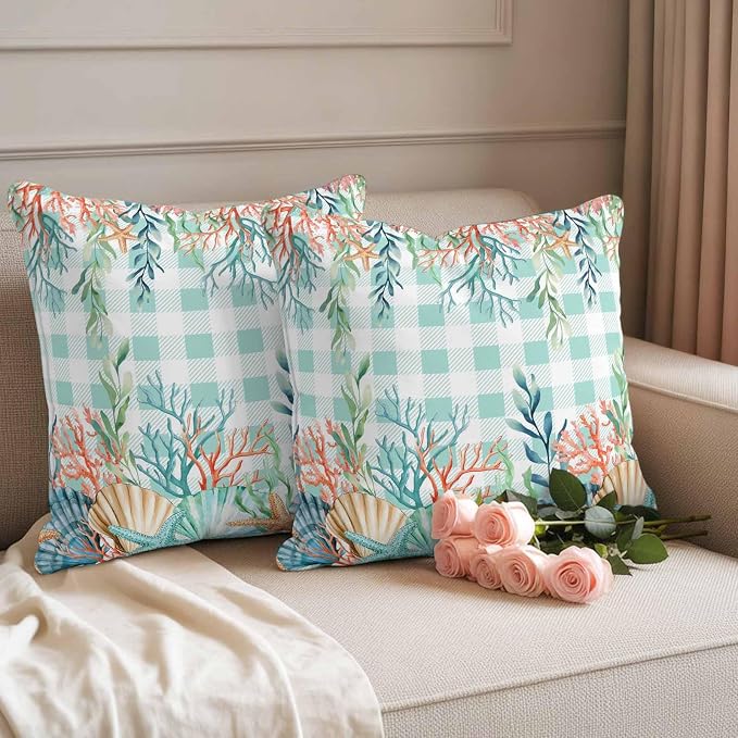 Throw Pillow Covers 16x16 Inch Set of 2, Summer Coastal Waterproof Outdoor Pillow Covers, Watercolor Corals Shells Starfish Green Plaid Decorative Cushion Pillowcases for Couch, Sofa, Bed, Patio