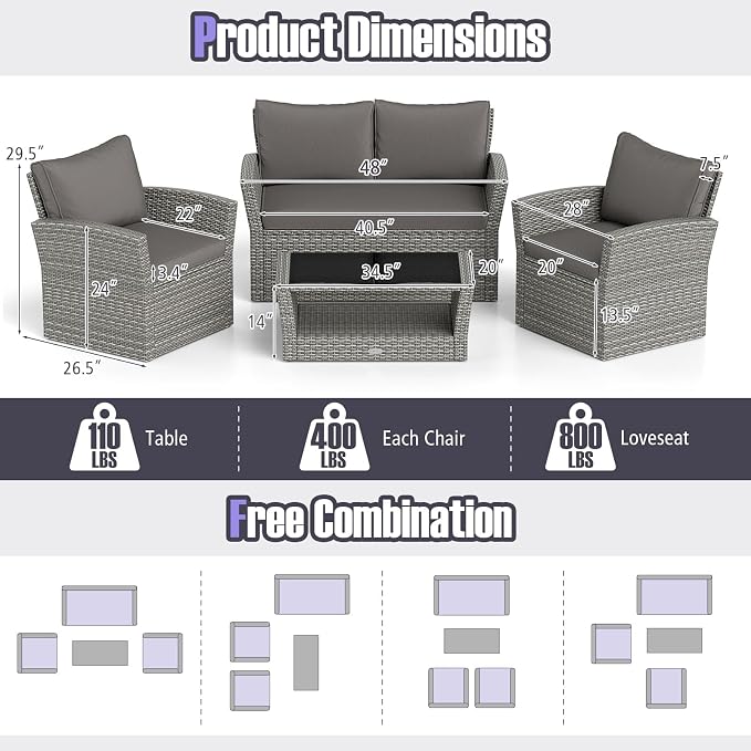 Tangkula 8 Pieces Patio Furniture Set, Outdoor PE Wicker Sectional Conversation Bistro Set with 2 Rattan Chairs, Loveseat, 2-Tier Tempered Glass Coffee Table and Cushions for Balcony, Garden