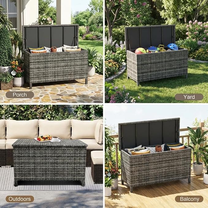 GarveeLife Medium Outdoor Wicker Storage Box, PE Rattan Patio Storage Chest with Steel Frame, Compact Deck Storage Box for Cushions, Toys & Outdoor Essentials – Brown Wicker