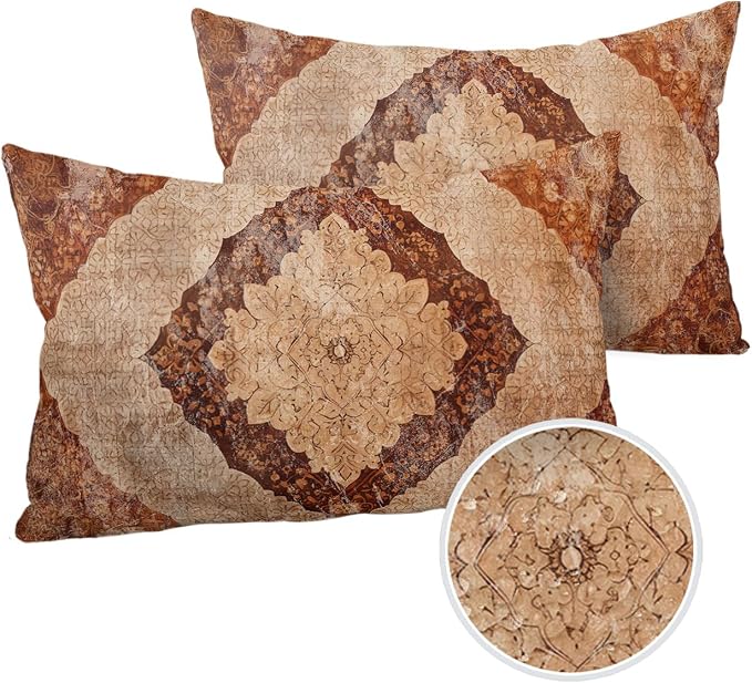 Outdoor Waterproof Pillow Covers Set of 2, Meddle Century Vintage Carpet Mural Pattern Brown Patio Throw Pillow Covers, Decorative Cushion Case for Couch Sofa Furniture Garden, 20x12 Inch