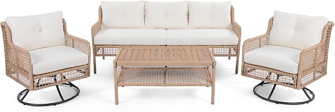 JIVOIT 4 Pieces Patio Furniture Set, Rattan Outdoor Conversation Set with 1 3-Seater Sofa, 2 360°Swivel Rocking Chair and 1 Solid Wood Tabletop Coffee Table for Poolside Backyard Deck (Beige/264)