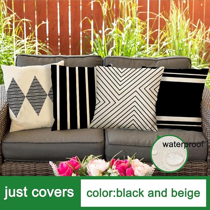 Outdoor Pillows Covers 18x18 Waterproof,Black and Beige Set of 4(No Insert) | for Covered Patio Furniture Couch Sunbrella,No Insert Just Covers,Durable Polyester,Fit 18x18 inch Inserts or Smaller,Boho