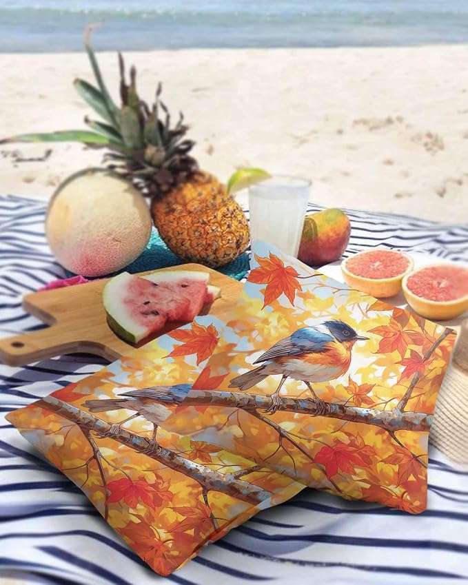 Outdoor Waterproof Throw Pillow Covers 24x24in, Autumn Maple Leaves Cushions for Garden Patio Furniture Chairs Set of 2, Thanksgiving Cute Bird Home Decor Couch Sofa Polyester Pillow Cases
