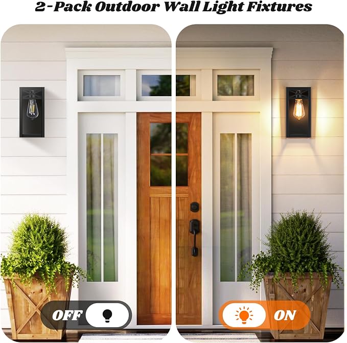 Outdoor Wall Light Fixtures, Black Exterior Waterproof Lanterns, 2-Pack | Porch Light with Glass Shade, Sconces Wall Mount Lighting with E26 Socket, Anti-Rust Wall Lamps for Patio Front Door Entryway