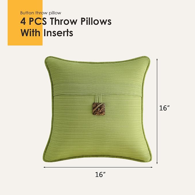 Outdoor DecorativePillows with Coconut Button Pack of 4, 16" x 16" Outdoor Pillow Set for Couch Bed Throw Patio Sofa, Chartreuse