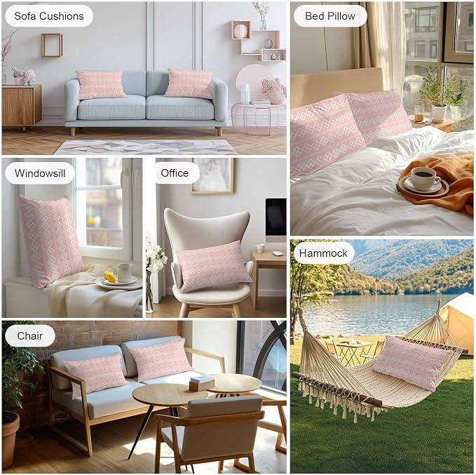 Pink Boho Outdoor Pillow Covers 20x12 Inch Lumbar Pillow Covers Set of 2 Waterproof Decorative Throw Pillow Cases Vintage Ethnic Tribe Abstract Art Cushion Covers for Patio Furniture Garden Couch Sofa