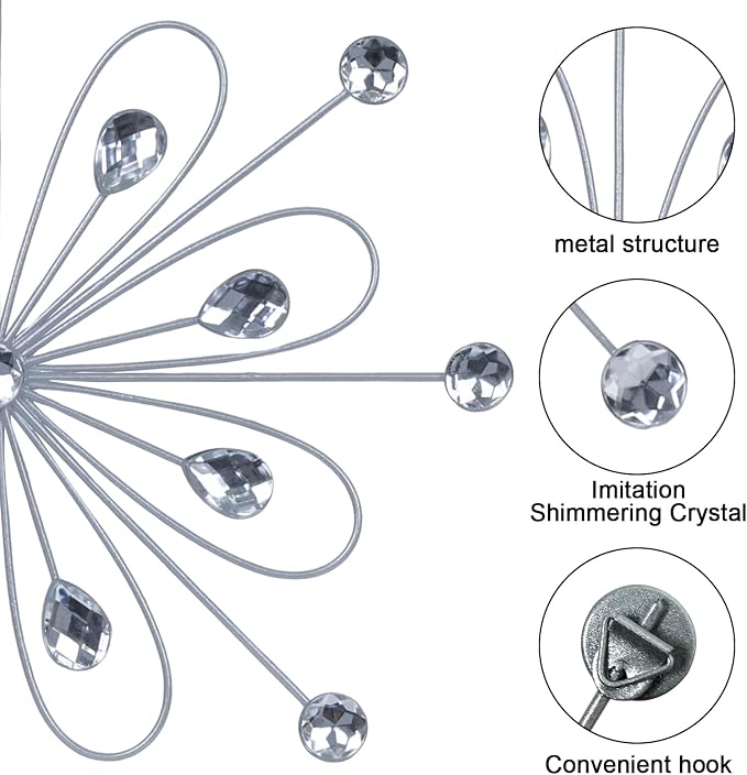 hogardeck Metal Flower Wall Decor, 11inch Silver Metal Jeweled Wall Art Bling Crystal Home Décor, Sun Burst Rhinestone Wall Hanging Diamond Accents for for Indoor, Outdoor, Living Room, Bedroom