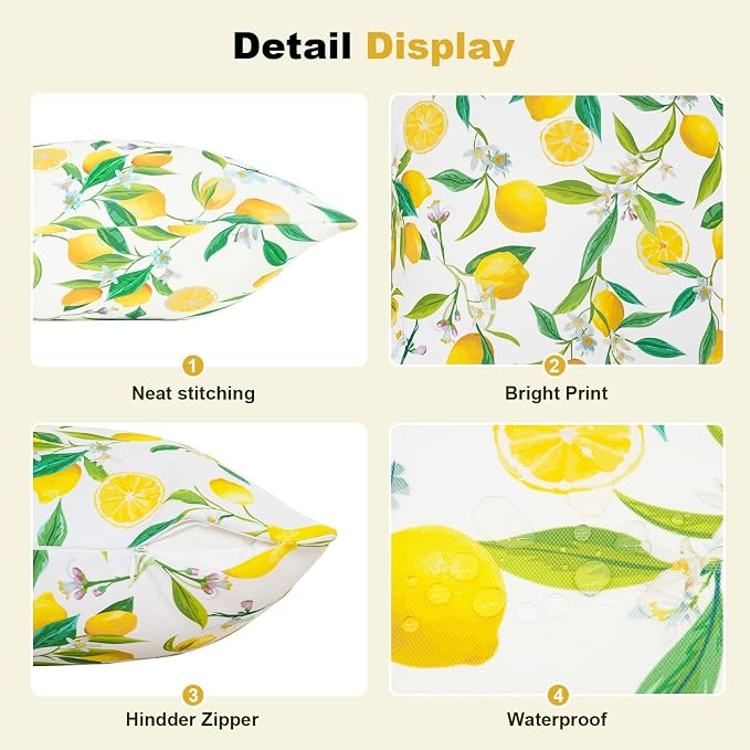 SquarePie Outdoor Pillow Covers 18x18 Inch Set of 2 - Waterproof Lemon Square Cushion Covers for Patio Garden Furniture, Summer Yellow Citrus Decorative Throw Pillow Cases for Couch Sofa Balcony Bench