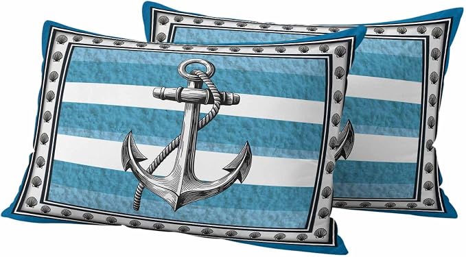 Summer Boat Anchor Outdoor Waterproof Pillow Covers Set of 2, Nautical Ocean Shells Anchor Blue White Stripe Pillowcase Decorative Throw Cushion Cases for Patio Garden Couch 20 x 12 Inches