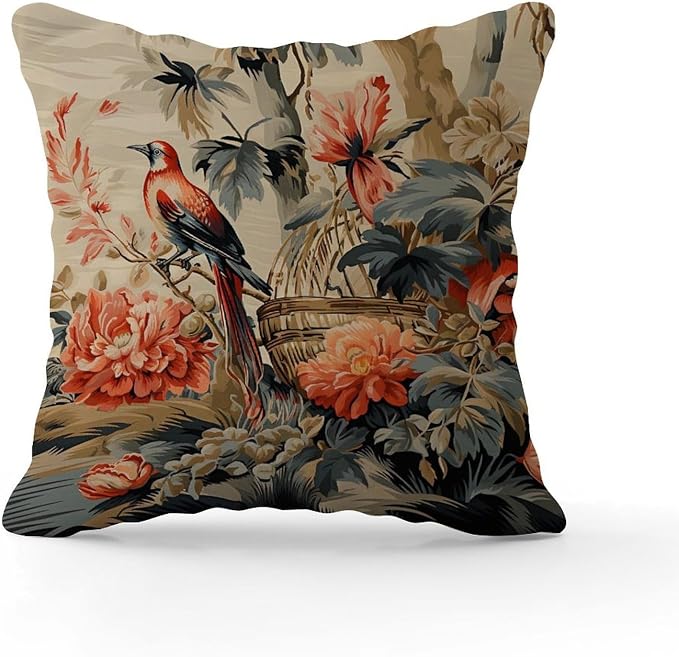 Moore Manor Antique Chinoiserie Pillow Cover Vintage Boats and Flowers Pillowcase 22x22 INModern Accent Square Couch Sofa Cushion Covers for Living Bed Room Patio Home