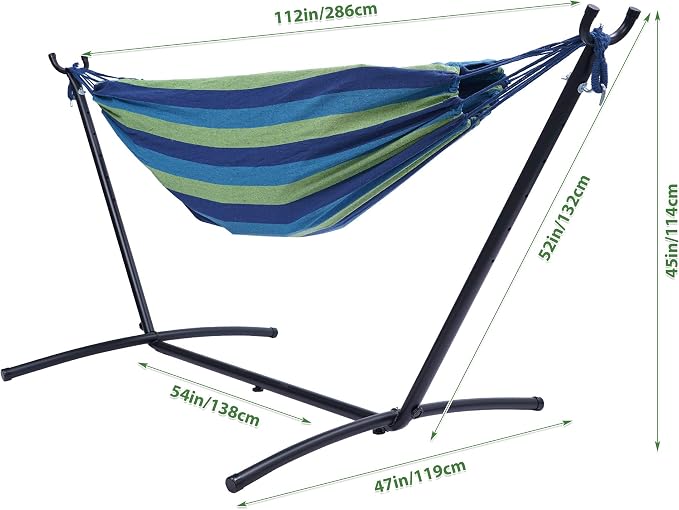 Double Classic Hammock with Stand for 2 Person- Indoor or Outdoor Use-with Carrying Pouch-Powder-Coated Steel Frame - Durable 450 Pound Capacity，Brown/Gray Striped (Blue and Green)