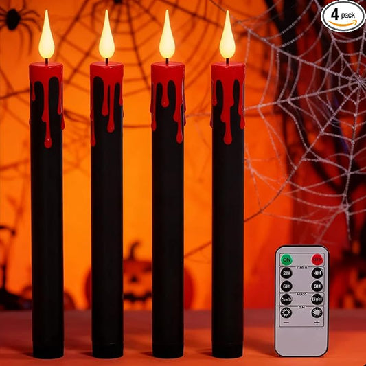 Eldnacele LED Flameless Taper Candles Battery Operated with Remote and Timer 3D Wick Flickering Blood Dripping Halloween Dinner Spooky Horror Home Decoration Set of 4 Black Candles, 0.78" x 8.9"