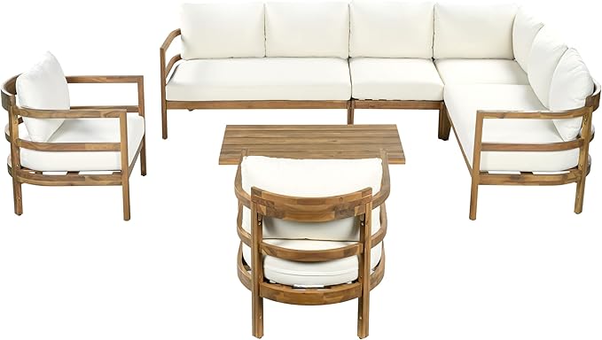 Merax Outdoor Acacia Wood 7-Seater Sectional Sofa Set with Cushions, Wood Patio Modular Lounge with Corner & 1 Table & 2 Club Chairs for Balcony, Porch, Garden, Beige + Light Brown
