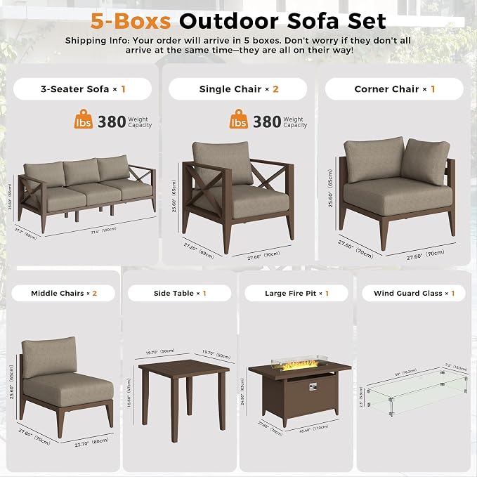 Aluminum Outdoor Patio Furniture Set with 43" Fire Pit Table, 10-Piece Outdoor Sectional with 5.2" Thick Cushions, Patio Conversation Sets for Backyard,(Brown,8 Seats)