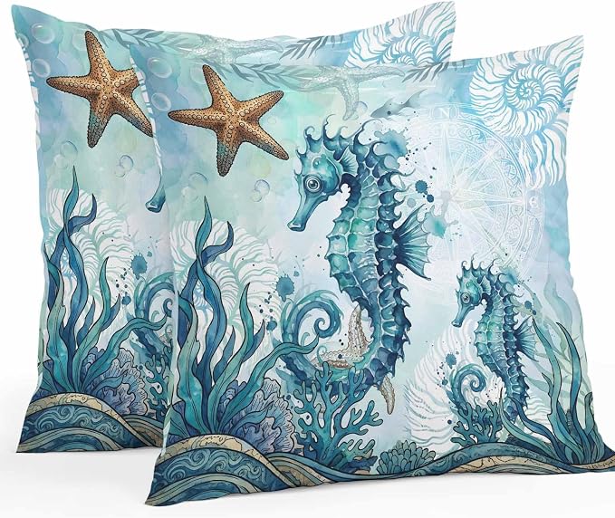 Ocean Seahorses Outdoor Pillow Covers 16x16 Inch Throw Pillow Covers Set of 2 Waterproof Decorative Pillow Cases Coastal Animals Seaweed Strafish Compass Blue Cushion Covers for Patio Furniture Garden