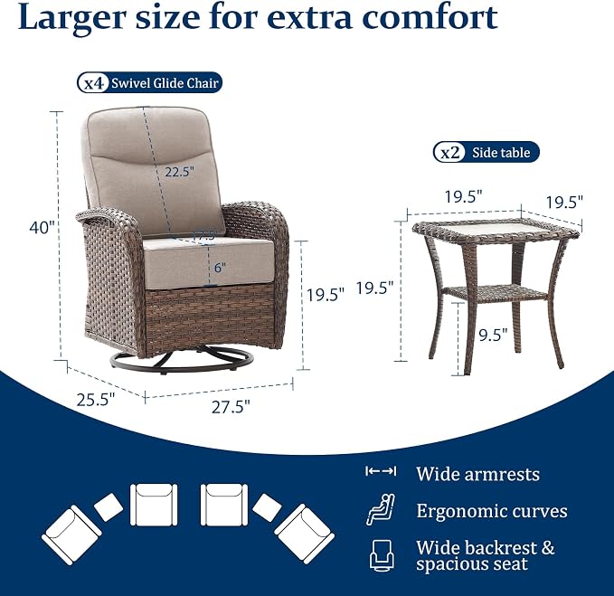 Outdoor Swivel Rocking Chair Patio Set (6PCS), High-Back - Thick Cushion Swivel Rocking Chair Patio Set, All-Weather Wicker Patio Furniture Set, Suitable for Balcony Patios, Brown/Beige
