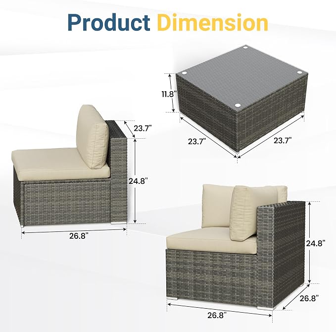Wisteria Lane 7 Piece Outdoor Patio Furniture Set, All Weather Wicker Rattan Sectional Sofa Conversation Set with Cushions & Glass Coffee Table, Ideal for Garden Backyard Porch Balcony, Beige