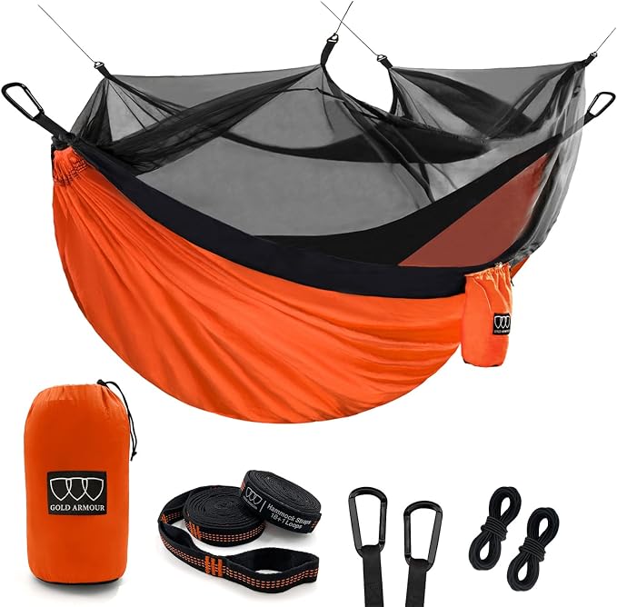 Gold Armour Camping Hammock - Camping Essentials, Double Hammock with Bug Net, Camping Gear Hammock for Outside, Hiking, and Travel (Orange & Black)