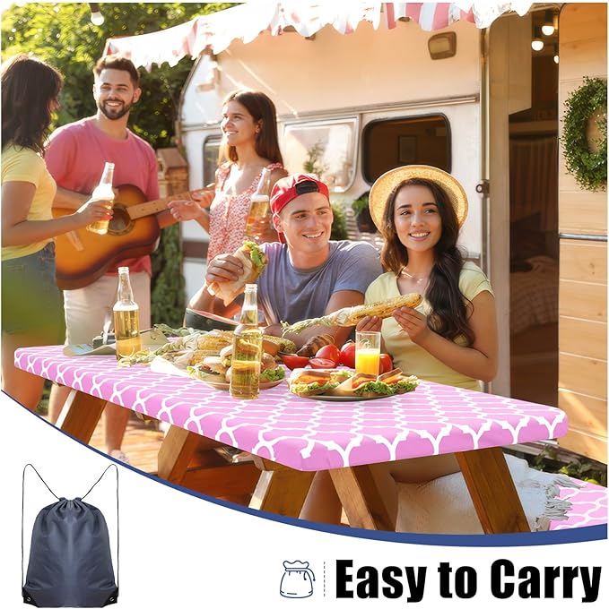 Smiry Picnic Table Cover with Bench Covers, Waterproof Elastic Fitted Tablecloth for 6 Foot Tables, Washable Polyester Tablecloths for Camping, Indoor & Outdoor (Pink, 30x72 Inch 3-pc Set)